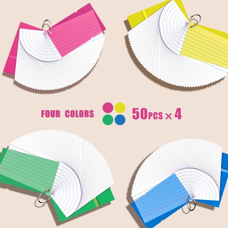 YIZUUN Index Cards 3x5, Flash Cards with Ring, 200 PCS, Ruled Note Cards, Flash Cards for Studying, 4 Packs of 50 sheets, 3x5 Note Cards for Office, Home, School - Image 4