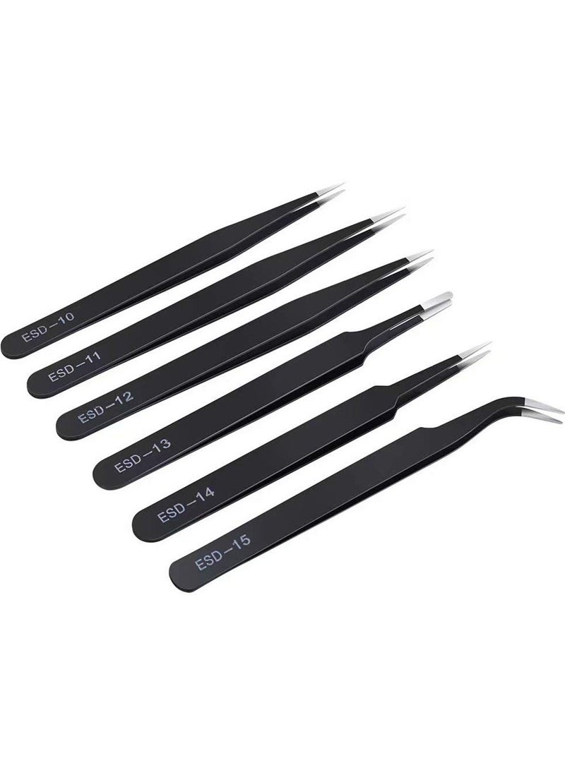 ESD 6PCS Precision Tweezers Set,Eyebrows Tweezers Set, Upgraded Anti-Static Stainless Steel Curved of Tweezers, for Electronics, Laboratory Work, Jewelry-Making, Craft, Soldering, etc - Image 1