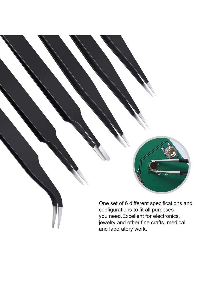 ESD 6PCS Precision Tweezers Set,Eyebrows Tweezers Set, Upgraded Anti-Static Stainless Steel Curved of Tweezers, for Electronics, Laboratory Work, Jewelry-Making, Craft, Soldering, etc - Image 5