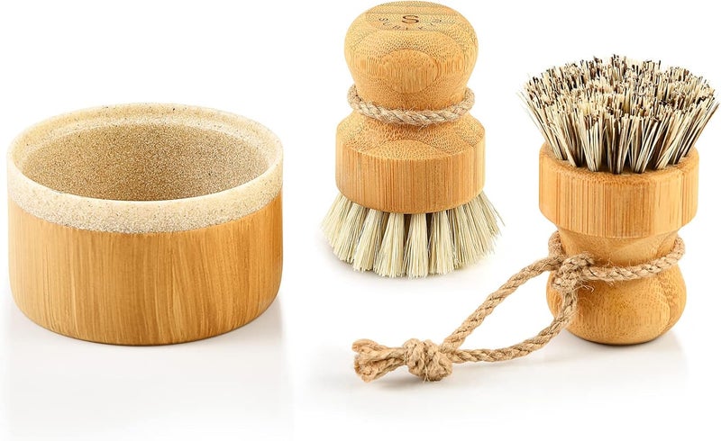 SUBEKYU Bamboo Dish Brush Set with Soap Holder, Wooden Dish Scrubber with Soap Dispenser, Natural Kitchen Scrub Brush, Washing Pot/Pans/Cast Iron, 2 Pack, Sisal + Coconut Palm Bristles - Image 1