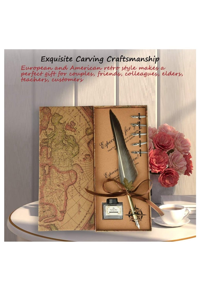 Generic - Quill Feather Pen, Feather Pen Set, Feather Calligraphy Writing Pen, Vintage Feather Pen, Fancy Pens Calligraphy Dip Pen, with 5 Replacement Nibs for Writing Signatures Office Party Favors - Image 1