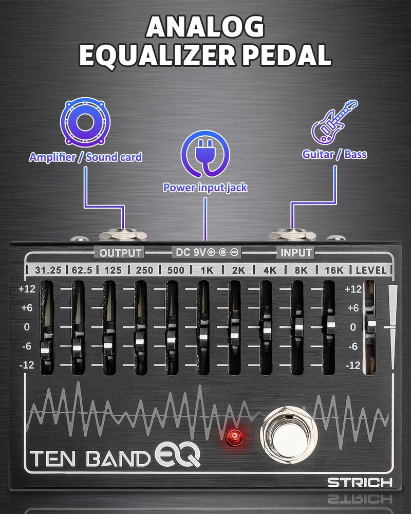 STRICH EQ Pedal for Electric Guitar,10-Band Equalizer Effects Pedal, Equalizer for Guitar and Bass, 10 Frequency Bands (31.25Hzâ€“16kHz) with Â±12dB Gain/Attenuation for Each Band, TEN BAND EQ - Image 2