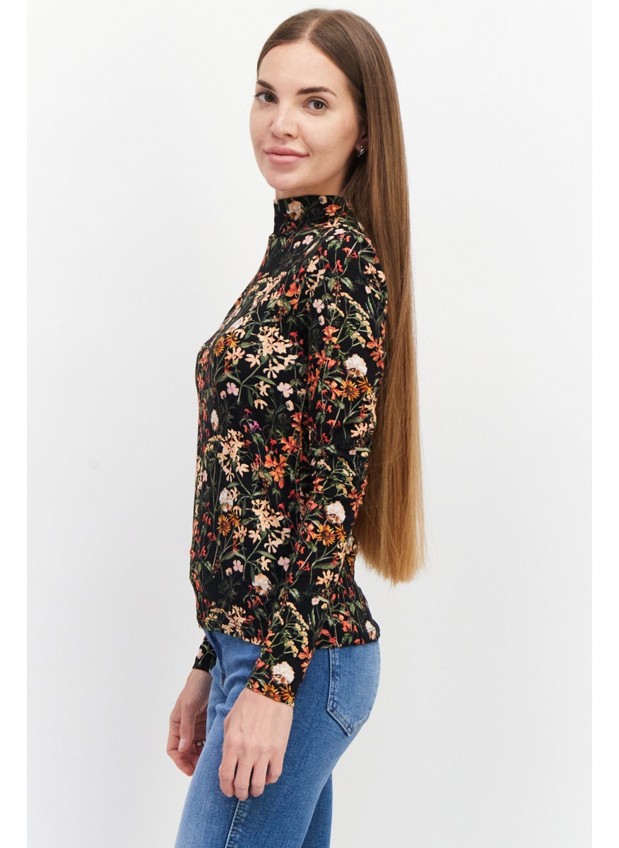 Scotch & Soda - Women High Neck Long Sleeves Floral Print Blouse, Black Combo - Image 1