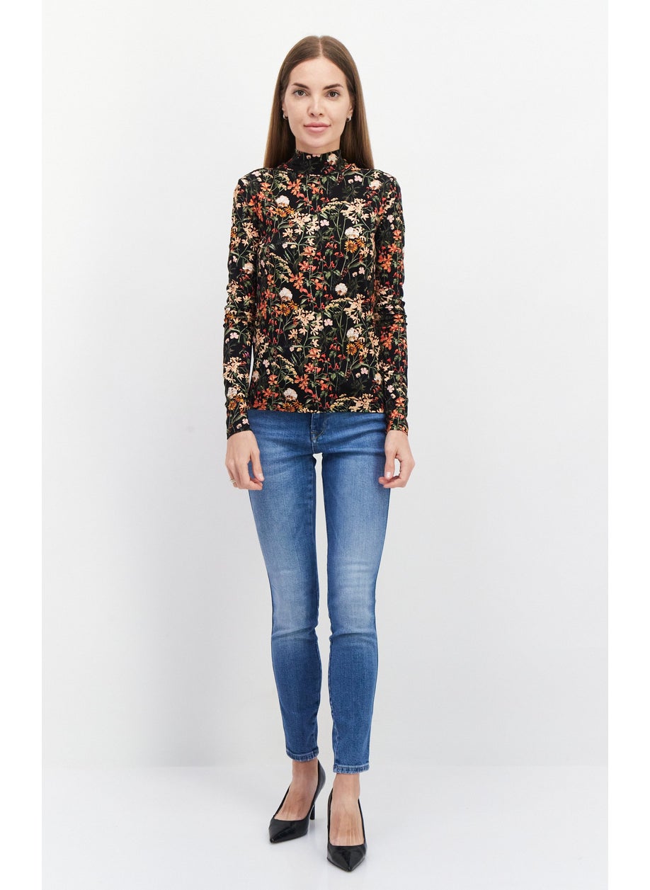 Scotch & Soda - Women High Neck Long Sleeves Floral Print Blouse, Black Combo - Image 1
