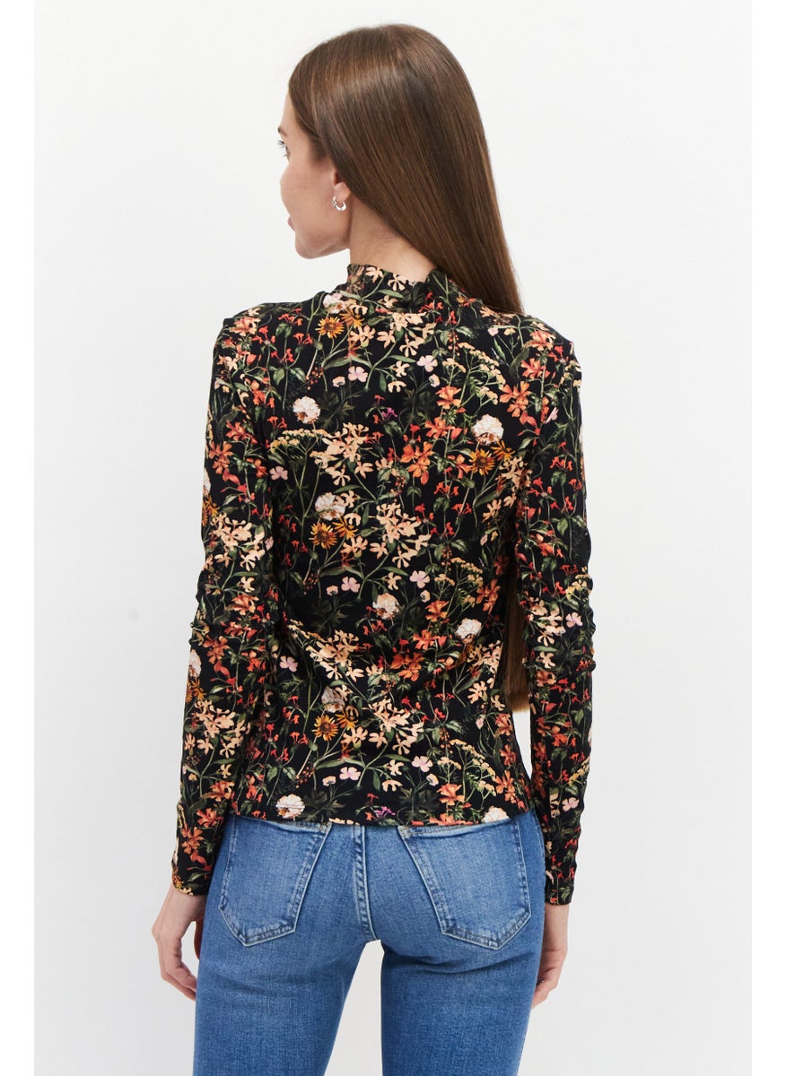 Scotch & Soda - Women High Neck Long Sleeves Floral Print Blouse, Black Combo - Image 1
