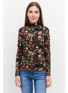 Women High Neck Long Sleeves Floral Print Blouse, Black Combo