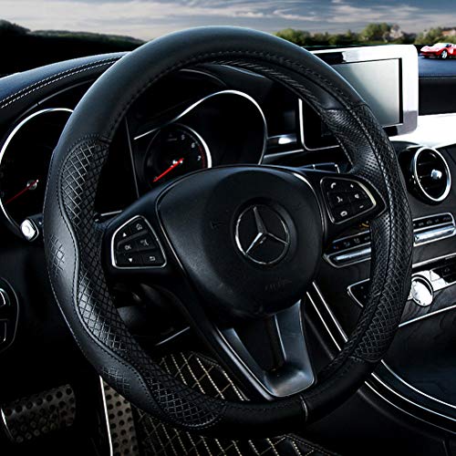 Red Rain Black Leather Steering Wheel Cover Cowhide Wheel Cover Genuine Leather BMW Steering Wheel Cover Universal Size M 15inch Fit CarAutoSUV ABlackM - Image 1