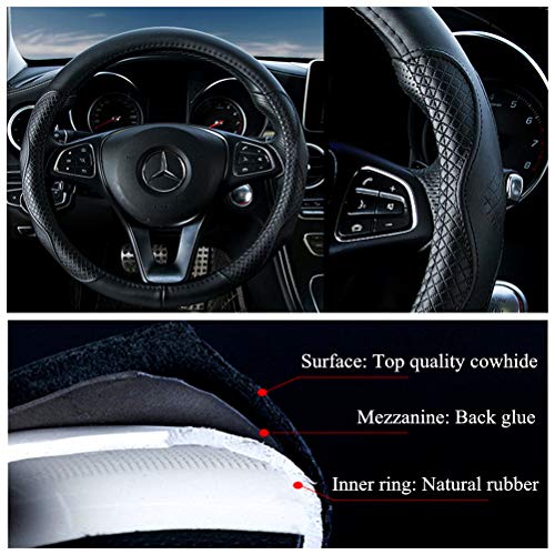Red Rain Black Leather Steering Wheel Cover Cowhide Wheel Cover Genuine Leather BMW Steering Wheel Cover Universal Size M 15inch Fit CarAutoSUV ABlackM - Image 3