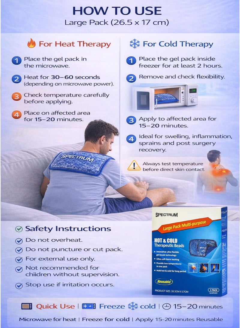 Spectrum Hot & Cold Therapeutic Gel Beads Large Pack 26.5 x 17 cm Reusable Ice and Heat Therapy Compress Pad for Back Pain Shoulder Tension Muscle Relief Swelling Inflammation Sprains Post Surgery Recovery Arthritis Sports Injury - Image 4