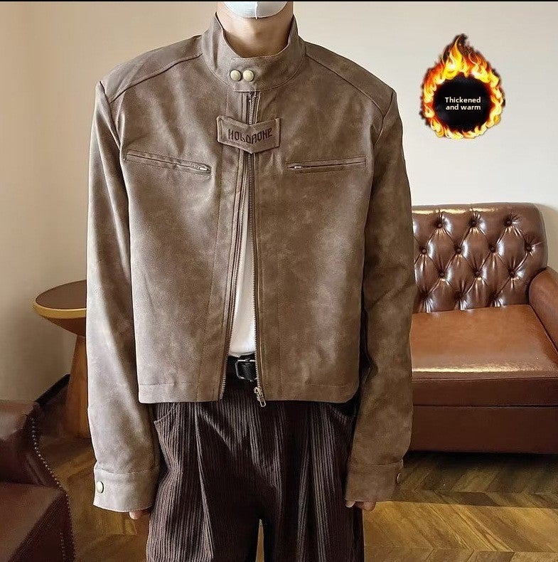 Cross-border Niche Design Sense Short Leather Jacket Mens Trendy Brand fleece-lined Vertical Collar Shoulder Pad Jacket American Style Retro Motorcycle brown cotton-padded jacket 