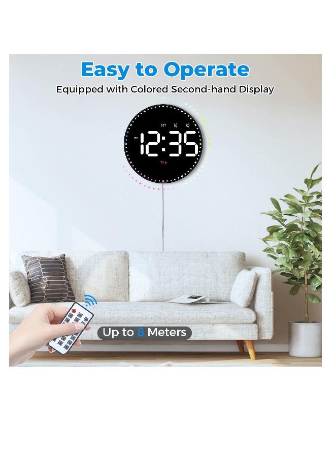 LED Digital Wall Clock, 10"" Large Display Color Second Hand Digital Clock LED Clock with Remote Control Dimming Clock with Date Display, 12/24 Hour, Temperature for Living Room Bedroom Office  - Image 1