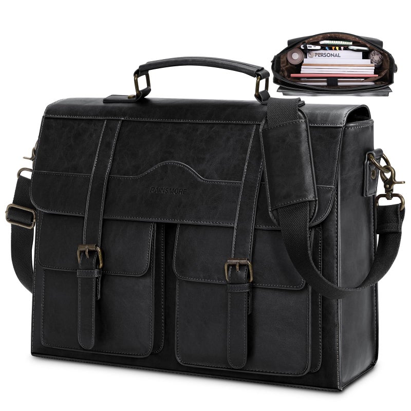 RAINSMORE Mens Messenger Bag 17 Inch Vintage Leather Laptop Briefcase Magnetic Closure Large Satchel Computer Shoulder Bag for Office Travel College, Black - Image 1