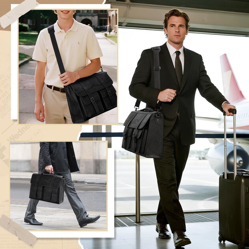 RAINSMORE Mens Messenger Bag 17 Inch Vintage Leather Laptop Briefcase Magnetic Closure Large Satchel Computer Shoulder Bag for Office Travel College, Black - Image 2
