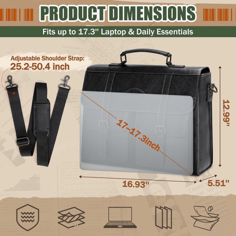 RAINSMORE Mens Messenger Bag 17 Inch Vintage Leather Laptop Briefcase Magnetic Closure Large Satchel Computer Shoulder Bag for Office Travel College, Black - Image 4