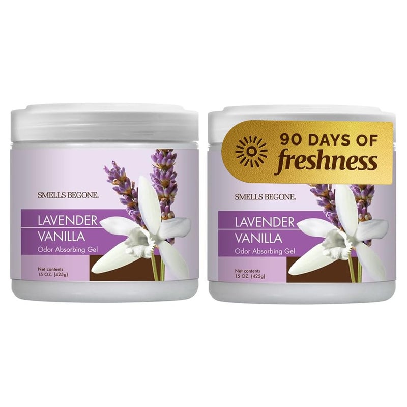 SMELLS BEGONE 15oz Gel Odor Eliminator Absorb Remove Tough Odors in Pet Areas Bathrooms Basements Garage Cars RVs Boats Eliminate Odors Quickly 2Pack Lavender Vanilla