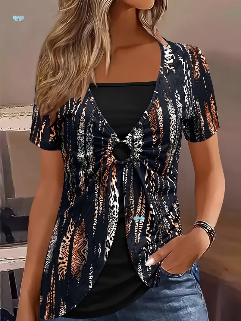 Elegant Plus Size Square Neck T-Shirt - Ethnic Print - Image 2