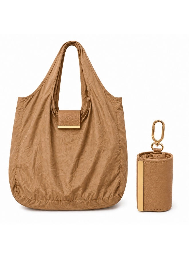 KeyAmor Tawy 2-in-1 Foldable Shopping Bag Keychain – Compact Pouch Unfolds Into Spacious Reusable Tote Bag, Lightweight Water-Resistant Nylon, Gold-Tone Clip – Tan Beige - Image 2