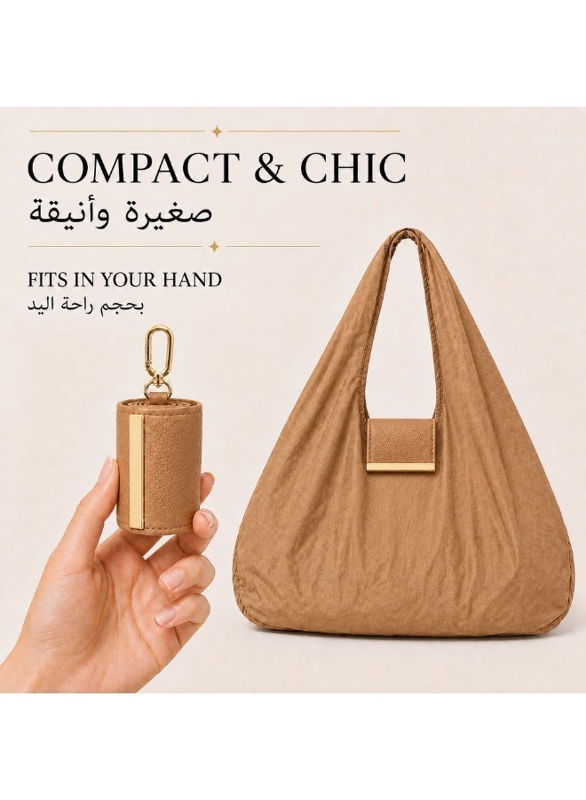 KeyAmor Tawy 2-in-1 Foldable Shopping Bag Keychain – Compact Pouch Unfolds Into Spacious Reusable Tote Bag, Lightweight Water-Resistant Nylon, Gold-Tone Clip – Tan Beige - Image 4