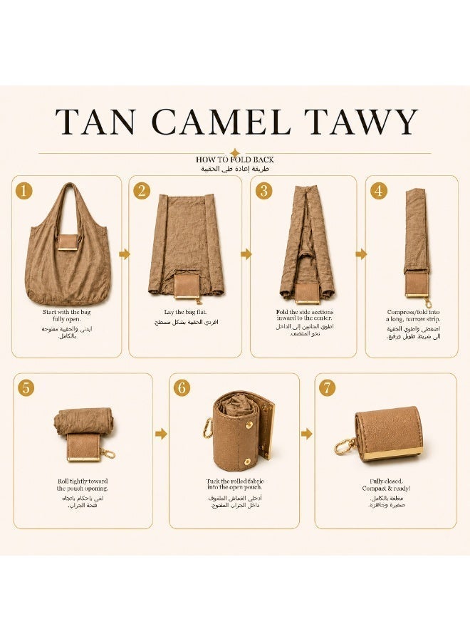 KeyAmor Tawy 2-in-1 Foldable Shopping Bag Keychain – Compact Pouch Unfolds Into Spacious Reusable Tote Bag, Lightweight Water-Resistant Nylon, Gold-Tone Clip – Tan Beige - Image 5