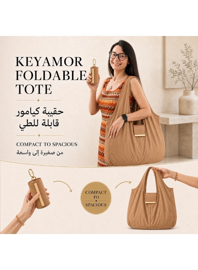 KeyAmor Tawy 2-in-1 Foldable Shopping Bag Keychain – Compact Pouch Unfolds Into Spacious Reusable Tote Bag, Lightweight Water-Resistant Nylon, Gold-Tone Clip – Tan Beige - Image 1