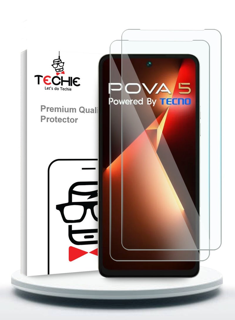 Techie قطعتان من واقي الشاشة الزجاجي عالي الدقة لهاتف Tecno Pova 5 - مضاد للانعكاس ومضاد للفقاعات بدرجة صلابة 9H 0.33 مم وحواف مستديرة وسهلة التركيب - Image 1