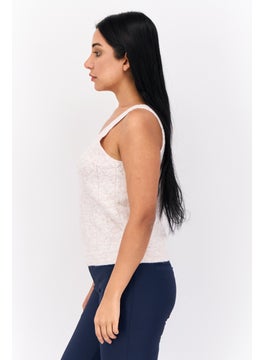 promod Women V-Neck Sleeveless Knitted Tank Top, Cream Heather  - Image 3
