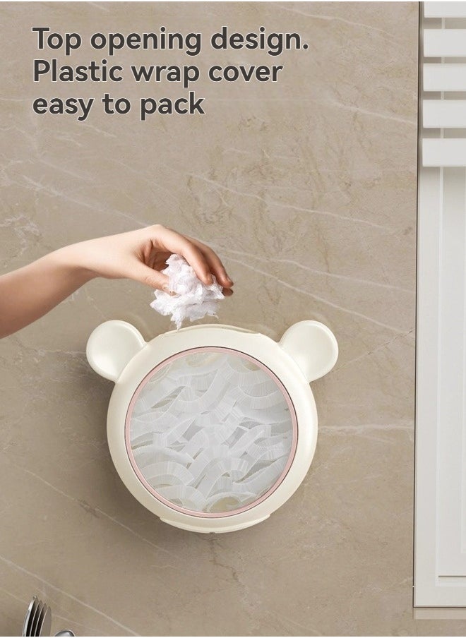 Healthy material, non-toxic and odorless, safe to use, made of PP+PS+TPR material, food contact, durable, not afraid of moisture, strong adsorption, close to the wall, bear 5 pounds without falling, transparent window design in the center, easy to add in time, soft silicone outlet design, soft material, take it without scratching, soft silicone material design, take it without hurting your hands, do not scratch the plastic wrap, viscose installation without nails and drills, does not hurt the wall, saves tedious installation, can be used by sticking it on the wall, home storage, can be used in most places, the product comes with 100 disposable plastic wrap covers to meet daily use
