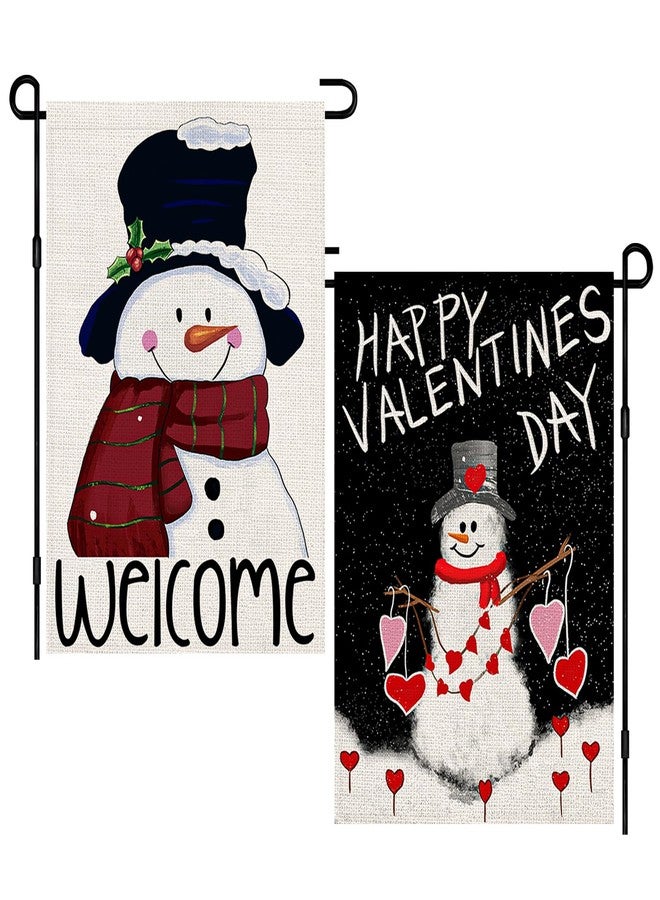 Decorhua 2 Pack Christmas Winter and Valentines Day Garden Flags, Small 12x18 Double Sided Yard Sign, Cute Snowman Welcome and Heart Design Outdoor Decorations for Porch Lawn Front Yard DF1001 - Image 1
