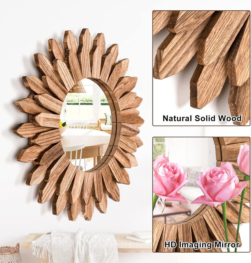 Emfogo Wall Mirror 12 inch Rustic Wood Farmhouse Mirror Sunburst Boho Mirror Wall Decor Room Decor Home Decor for Bedroom Living Room Entryway (Carbonized Black) - Image 5