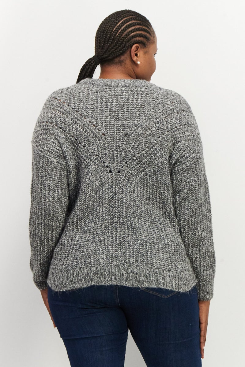 ESPRIT Women Round Neck Cable Knit Sweater, Grey - Image 3