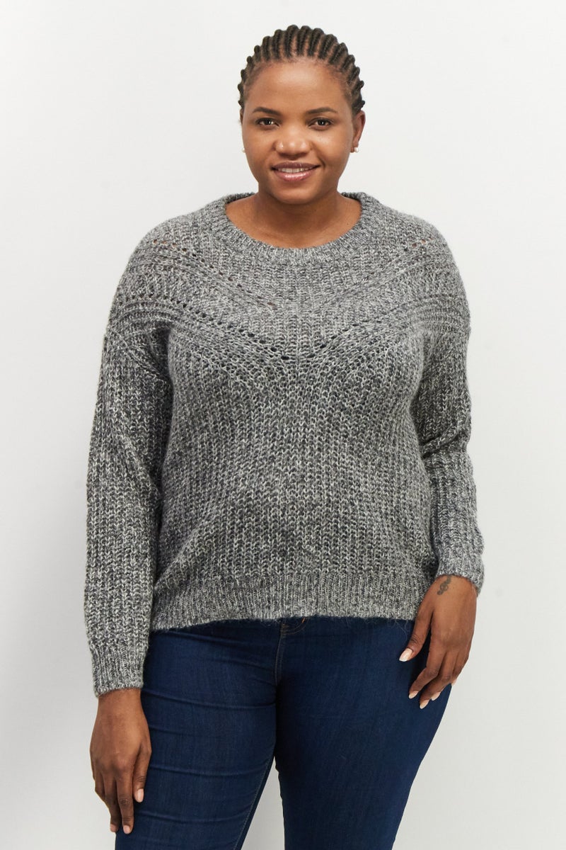 ESPRIT Women Round Neck Cable Knit Sweater, Grey - Image 1