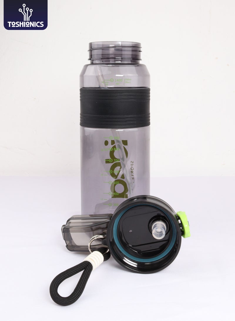 توشيونيكس زجاجة مياه رياضية IdeaKettle مع شفاطة سعة 1500 مل، مصنوعة من البلاستيك الخالي من مادة BPA، مع غطاء قابل للقفل، وحزام حمل، ومؤشر لمستوى الماء بالملليلتر والأونصة، زجاجة مانعة للتسرب وقابلة لإعادة الاستخدام للصالة الرياضية والمدرسة والسفر والمكتب والترطيب في الهواء الطلق - Image 1