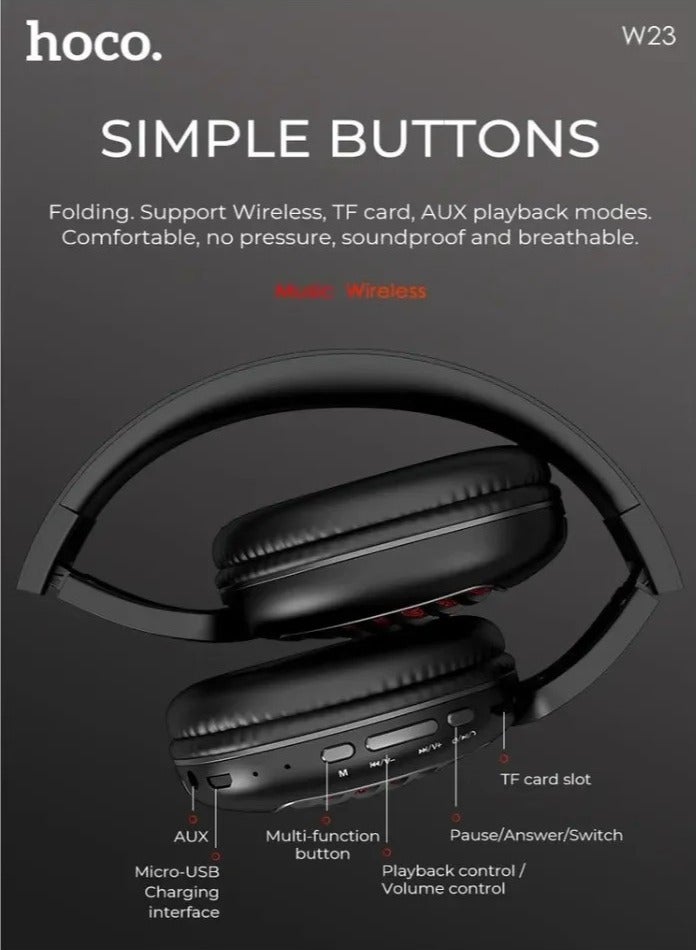 hoco. HOCO W23 Brilliant Sound Foldable Wireless and Wired Headphones with Mic Support TF Card And AUX Mode, Compatible Mobile Phones, Tablets, Laptop and Computer  - Image 4