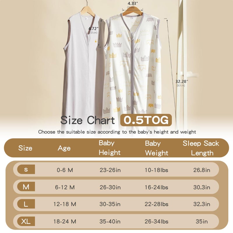 TILLYOU 2 Pack Baby Sleep Sack 6-12 Months 100% Cotton Wearable Blanket 0.5 TOG Sleeveless Summer Sleep Sacks with 2-Way Zipper, Gray Crown - Image 5