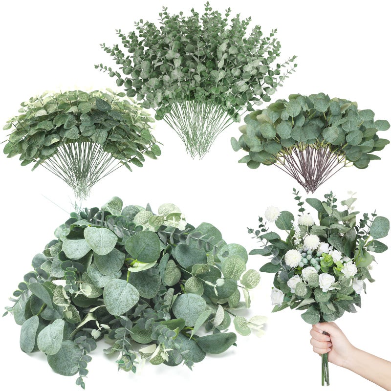 Giegxin 600 Pcs 3 Kinds Mixed Eucalyptus Leaves Stems Bulk Artificial Silver Dollar Leaves Picks Dried Eucalyptus Bundle Faux Spray for Wedding Vase Bouquet Floral Arrangement Green