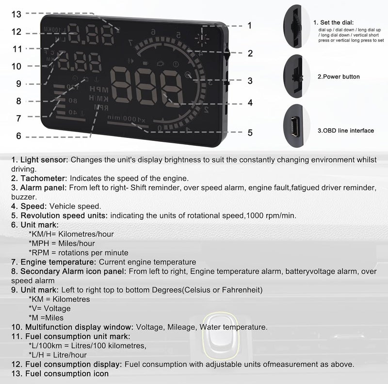 Geloo Head Up Display OBDII HUD Display for Cars A8 Head up Display 5.5in Digital Speedometer for Car MPH with Multiple Alarm,Light Sensor Windshield OBDII Interface only for Cars from 2012 Onwards - Image 4