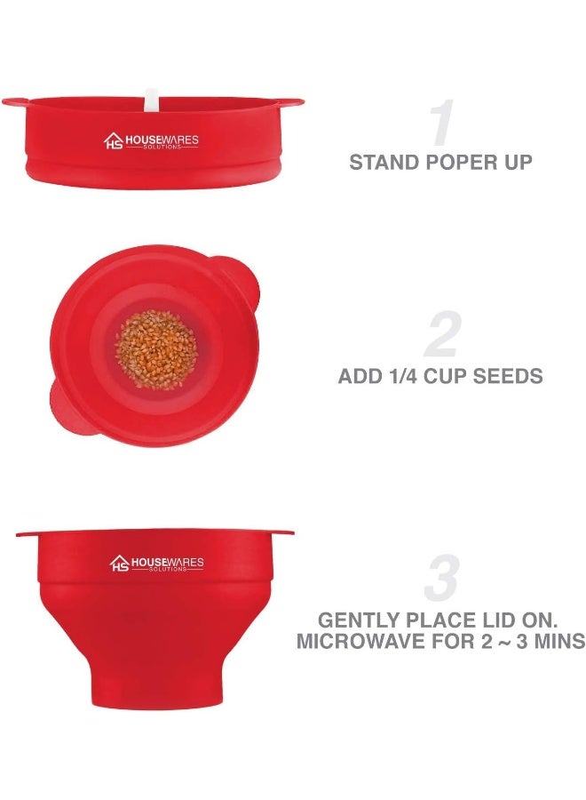 BRENSTEN Collapsible Silicone Microwave Hot Air Popcorn Popper Bowl With Lid and Handles - Red - Image 4