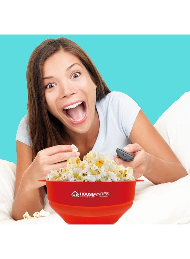 BRENSTEN Collapsible Silicone Microwave Hot Air Popcorn Popper Bowl With Lid and Handles - Red - Image 3