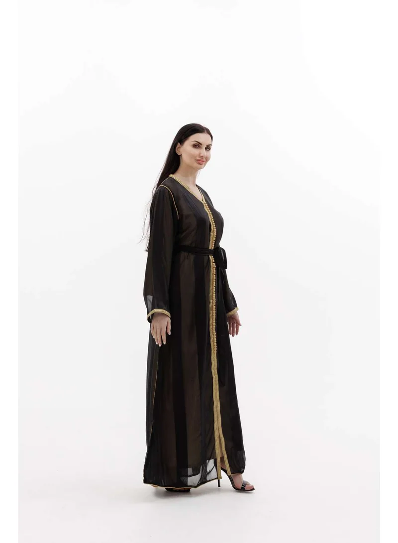 HANA & SARA LONG CLASSY SIMPLE BLACK COLOUR FRONT LACE BUTTON LINING ARABIC KAFTAN JALABIYA DRESS