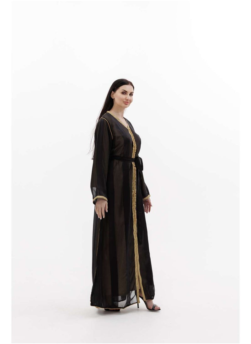 HANA & SARA - LONG CLASSY SIMPLE BLACK COLOUR FRONT LACE BUTTON LINING ARABIC KAFTAN JALABIYA DRESS - Image 1