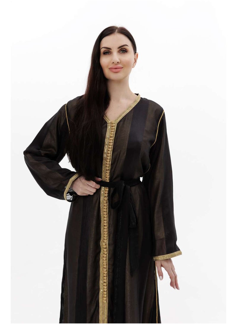 HANA & SARA - LONG CLASSY SIMPLE BLACK COLOUR FRONT LACE BUTTON LINING ARABIC KAFTAN JALABIYA DRESS - Image 1