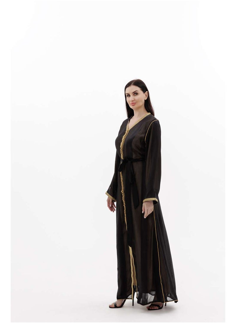 HANA & SARA - LONG CLASSY SIMPLE BLACK COLOUR FRONT LACE BUTTON LINING ARABIC KAFTAN JALABIYA DRESS - Image 1
