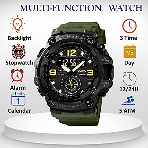 V2A Resin Fighter Analog Digital Sport Watches For Men And Boys (Green), Black Dial, Black Band - Image 4