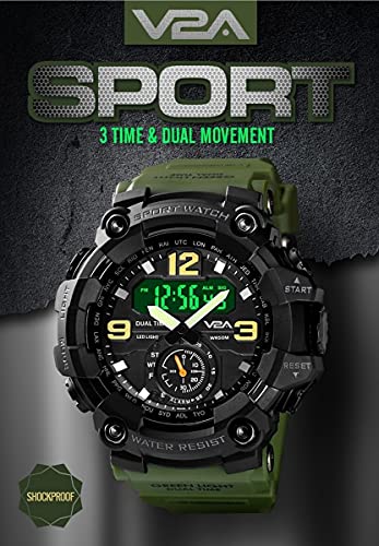 V2A Resin Fighter Analog Digital Sport Watches For Men And Boys (Green), Black Dial, Black Band - Image 2