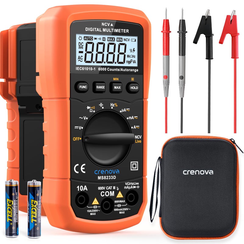 Crenova Crenova MS8233D Multimeter 6000 Counts Digital Multimeter DC AC Volt Meter Ohm Volt Amp Tester Measures Voltage Current Resistance Capacitance Continuity Diode Duty-Cycle Frequency NCV Live Wire Test  - Image 1
