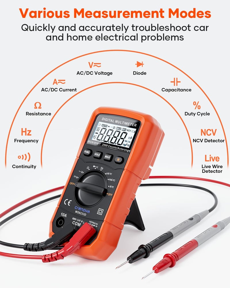 Crenova Crenova MS8233D Multimeter 6000 Counts Digital Multimeter DC AC Volt Meter Ohm Volt Amp Tester Measures Voltage Current Resistance Capacitance Continuity Diode Duty-Cycle Frequency NCV Live Wire Test  - Image 2