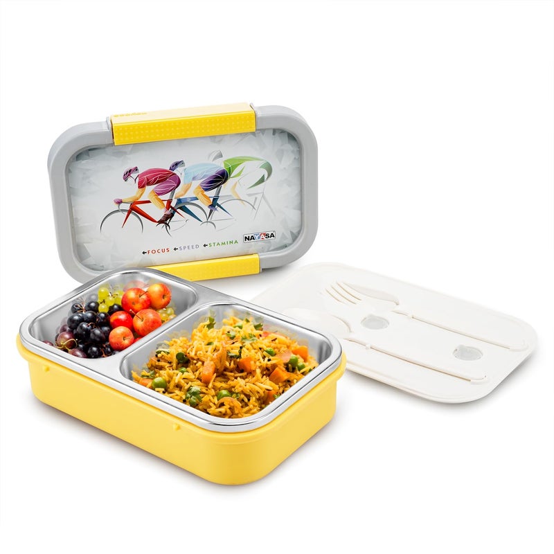 NAYASA Nayasa Autobot 2 Compartment Vaccum Sealed Insulated Stainless Steel Lunch Box | Sports Print | Leak Proof Tiffin Box | 650 ml | Yellow - Image 1
