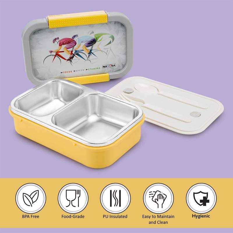 NAYASA Nayasa Autobot 2 Compartment Vaccum Sealed Insulated Stainless Steel Lunch Box | Sports Print | Leak Proof Tiffin Box | 650 ml | Yellow - Image 5