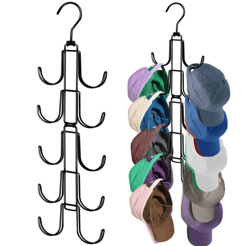 NAKBINX Hat Organizer for Closet, Collapsible Caps Rack with 10 Rotatable Large Hooks, Holds Up to 40 Baseball Caps, Metal Space Saving Hat Hanger for Display, Storage and Closet Organizers, Black - Image 1