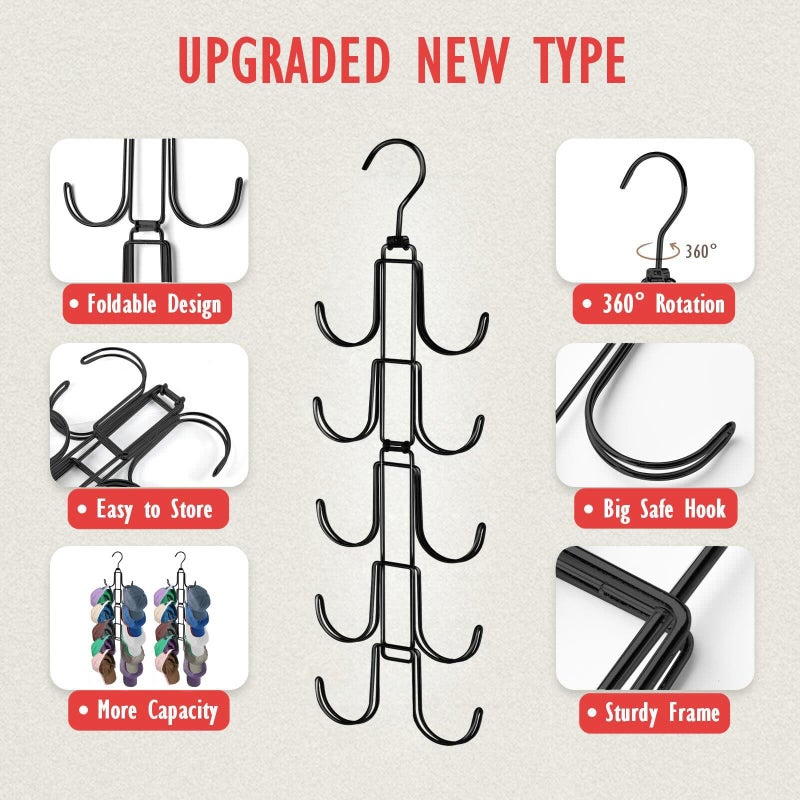 NAKBINX Hat Organizer for Closet, Collapsible Caps Rack with 10 Rotatable Large Hooks, Holds Up to 40 Baseball Caps, Metal Space Saving Hat Hanger for Display, Storage and Closet Organizers, Black - Image 3